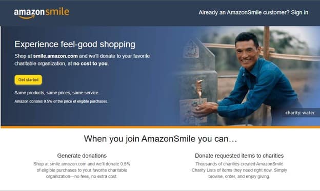 What is Amazon Smile Man washing hands showcasing Amazon Smile campaign helping water charity.